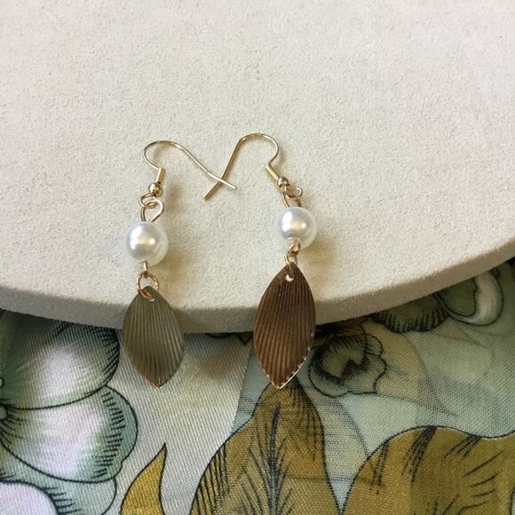 Gold & Pearl Feather Drop Earrings - Picture 6 of 8